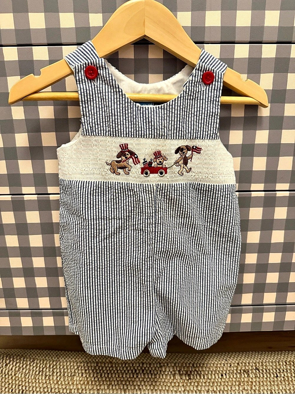Blue Seersucker Smocked Dog Bubble Romper
